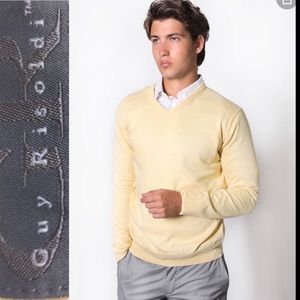 GUY RISOLDI Cream Merino Wool V-Neck Sweater Pullover In Deep Cream Size XL